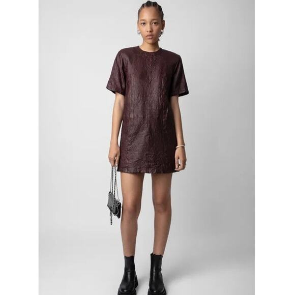 Zadig & Voltaire Chocolate Brown Crinkled Leather Ridley Dress, Large NWT - Picture 1 of 12